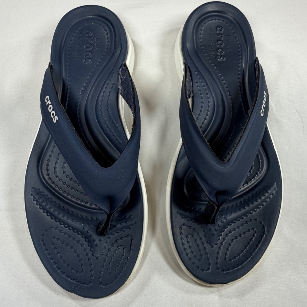 Crocs Capri V Sporty Flip Flops Navy Blue White Women 6 Sandals Comfort Thong